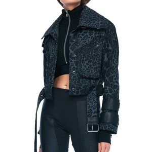 DENIM AND LEATHER GRAY LEOPARD PRINT BELTED MOTO JACKET JONNY COTA SKINGRAFT